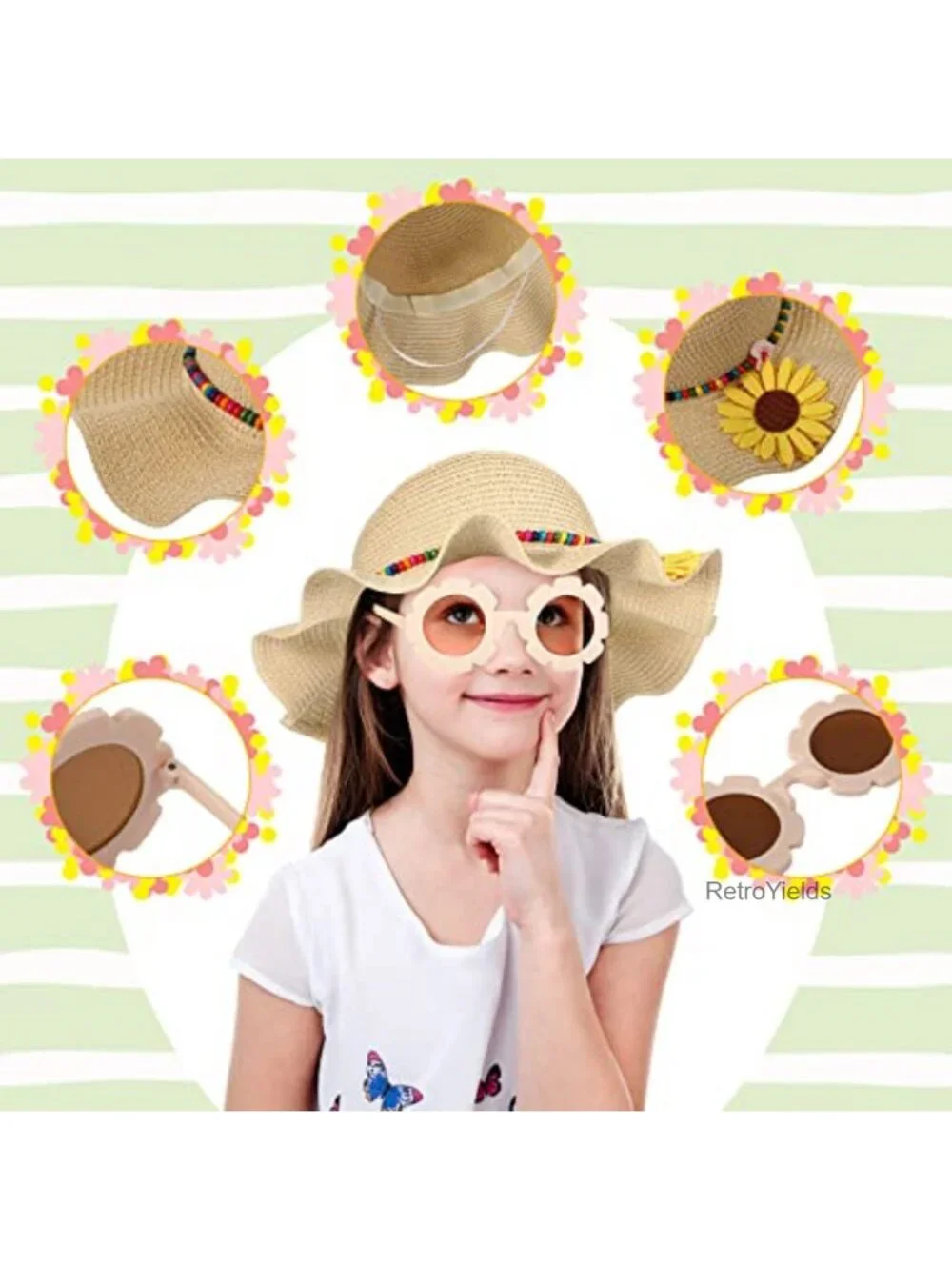 Girls Straw Sun Hat with Sunglasses, Kids Summer Beach Floppy Cap, Wavy Brim,